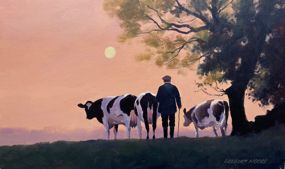 Tending Cows by Sunset.