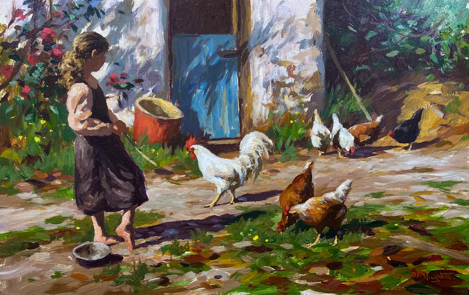 Feeding Chickens in the Farmyard