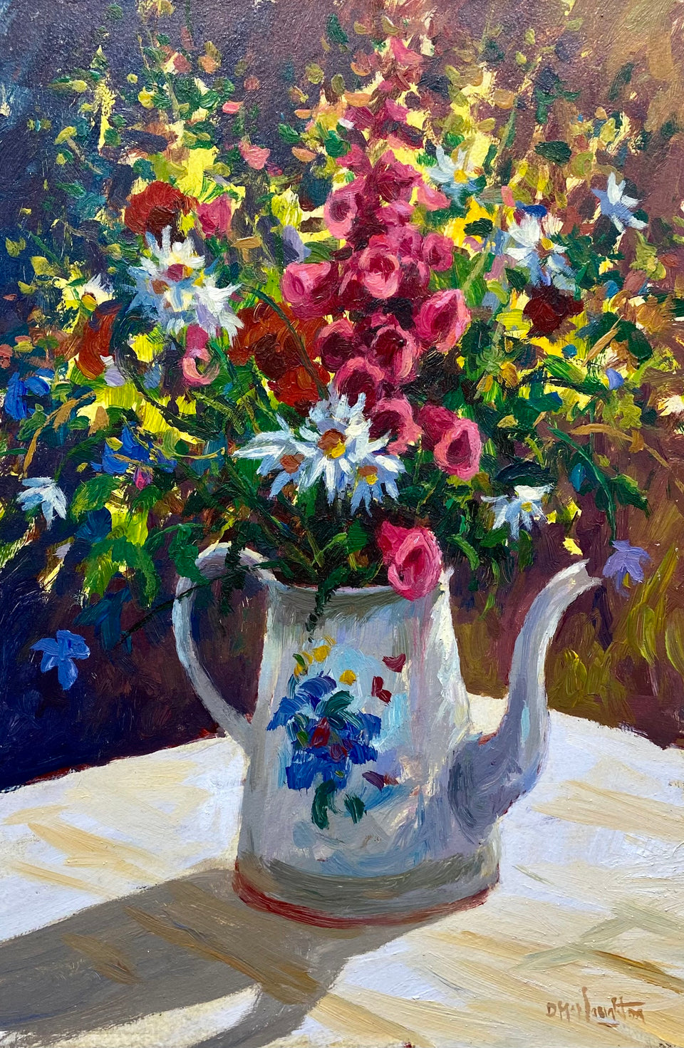 Sunlit Flowers in Porcelain Coffee Pot