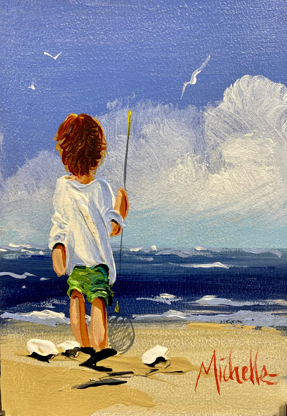 boy with fishing pole on beach monet Young Boy With Fishing Net by Michelle Carlin – Irish Art Plus