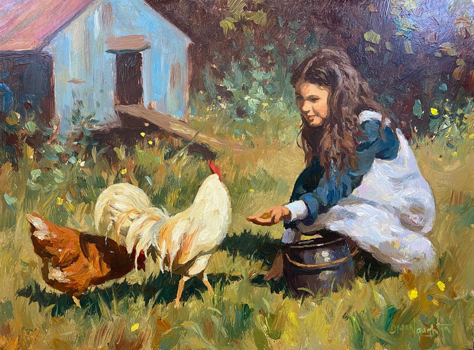 Young Girl Feeding the Chickens