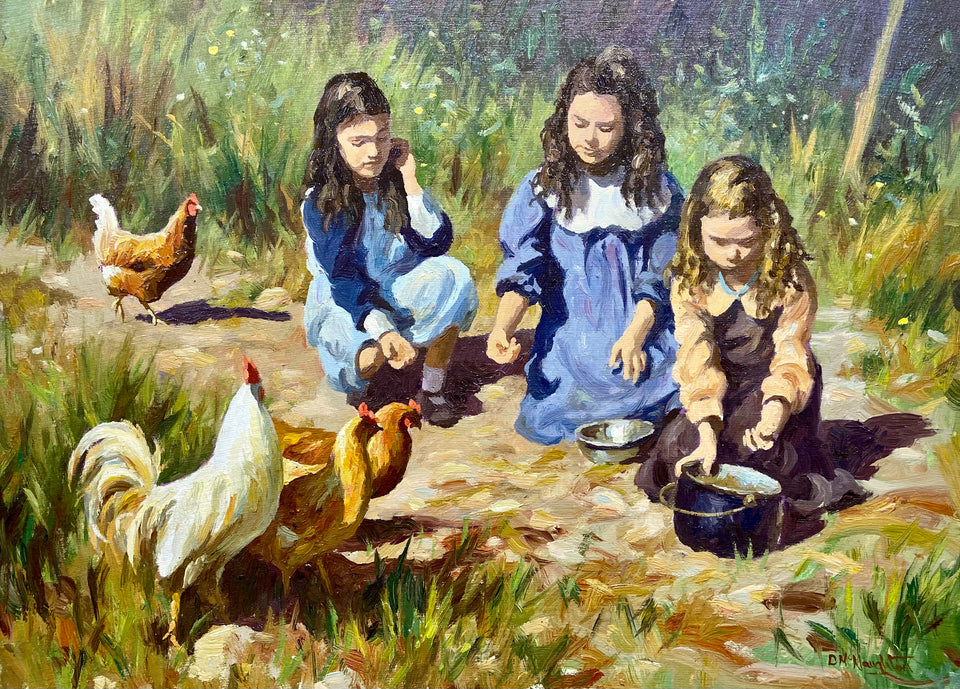 Young Girls Feeding the Hens