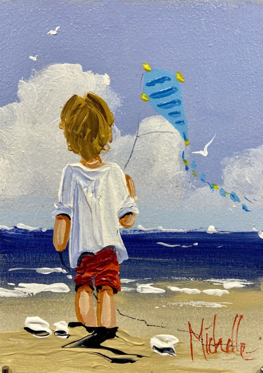 Boy Flying His Blue Kite Original Artwork