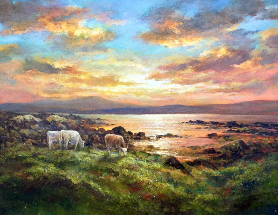 Cattle By Sunset On A Donegal Shore. Original Artwork