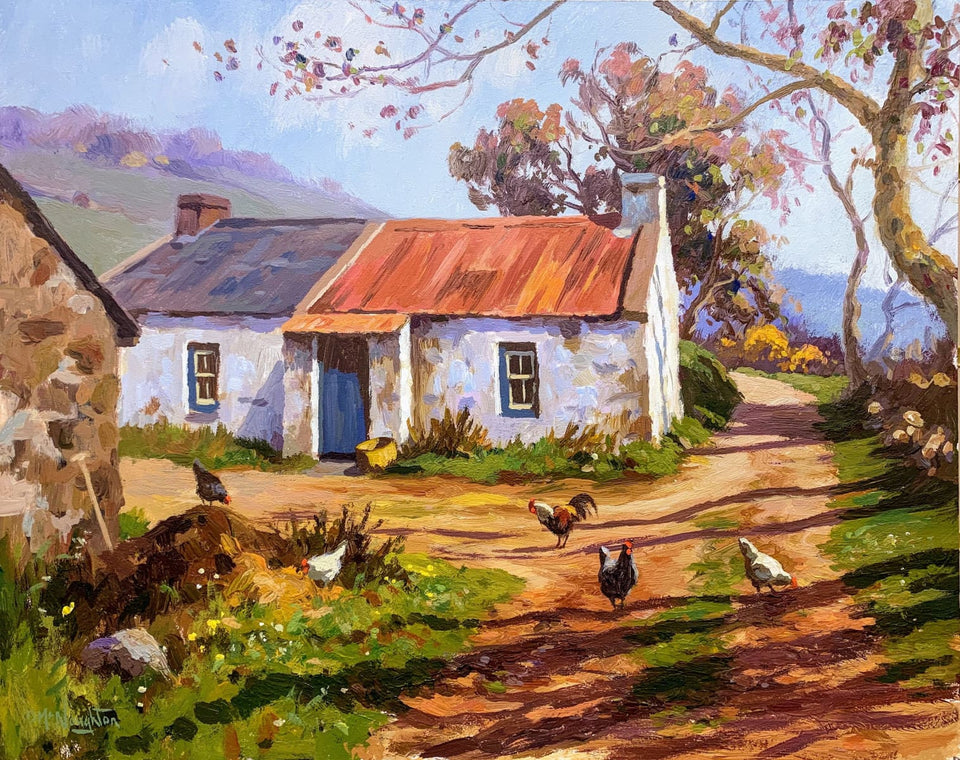 Chickens Feeding In The Farmyard by Donal McNaughton - Original Artwork