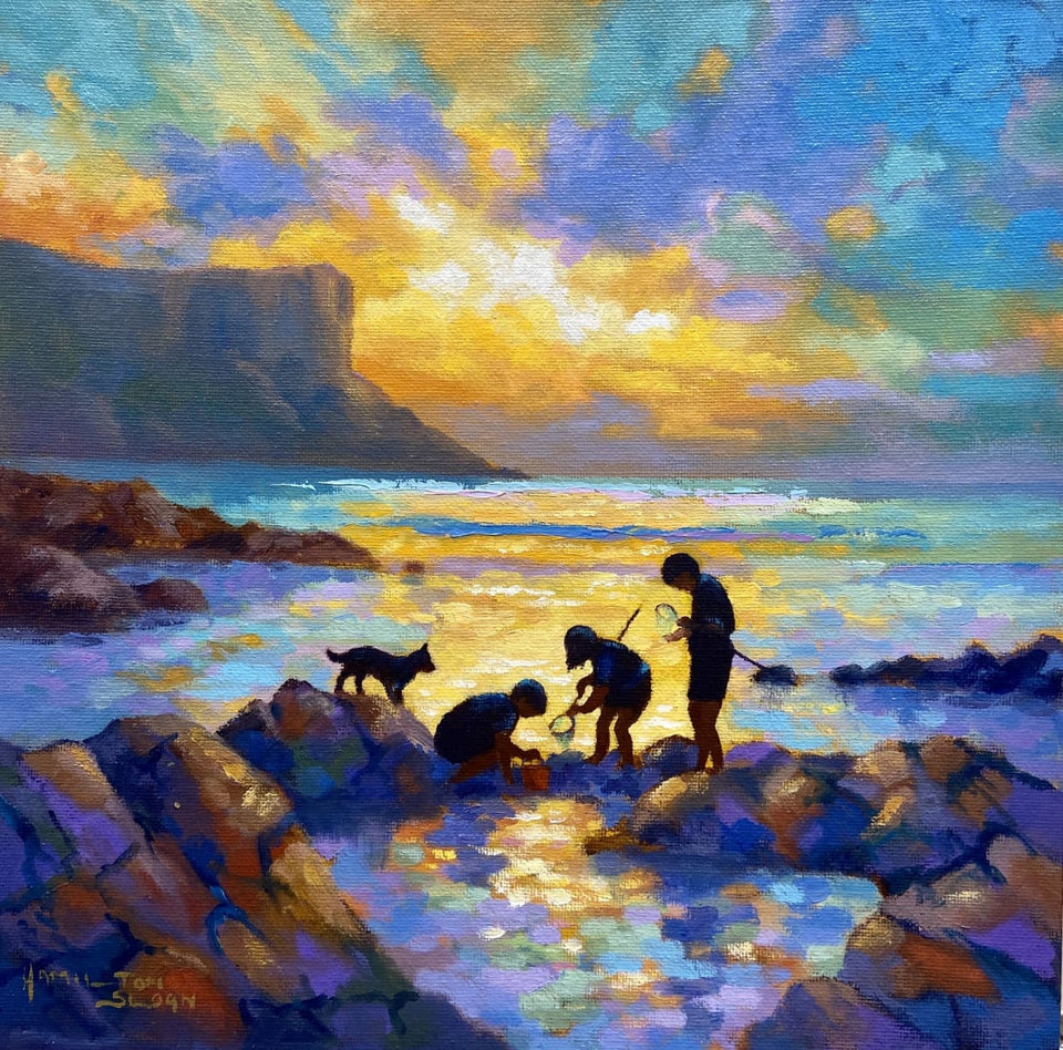Children Fishing By Sunset Murlough Bay Co.antrim Original Artwork
