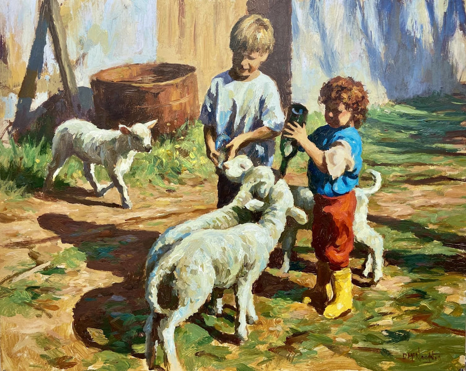 Feeding The Pet Lambs Original Artwork