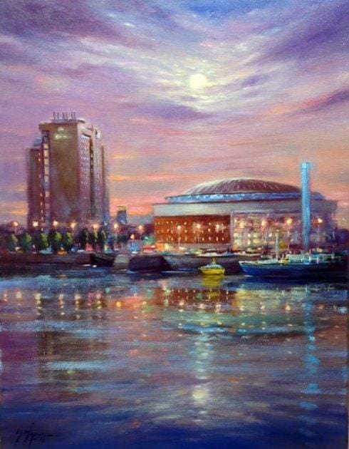 Night Lights Waterfront Hall Belfast 18 X 14 / 45 35 Oil Original Artwork