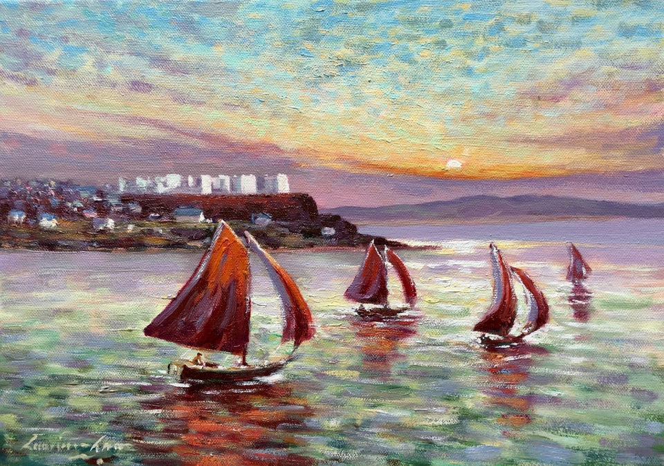 Red Sails In The Sunset Portstewart 10 X 14 / 25 35 Oil Original Artwork