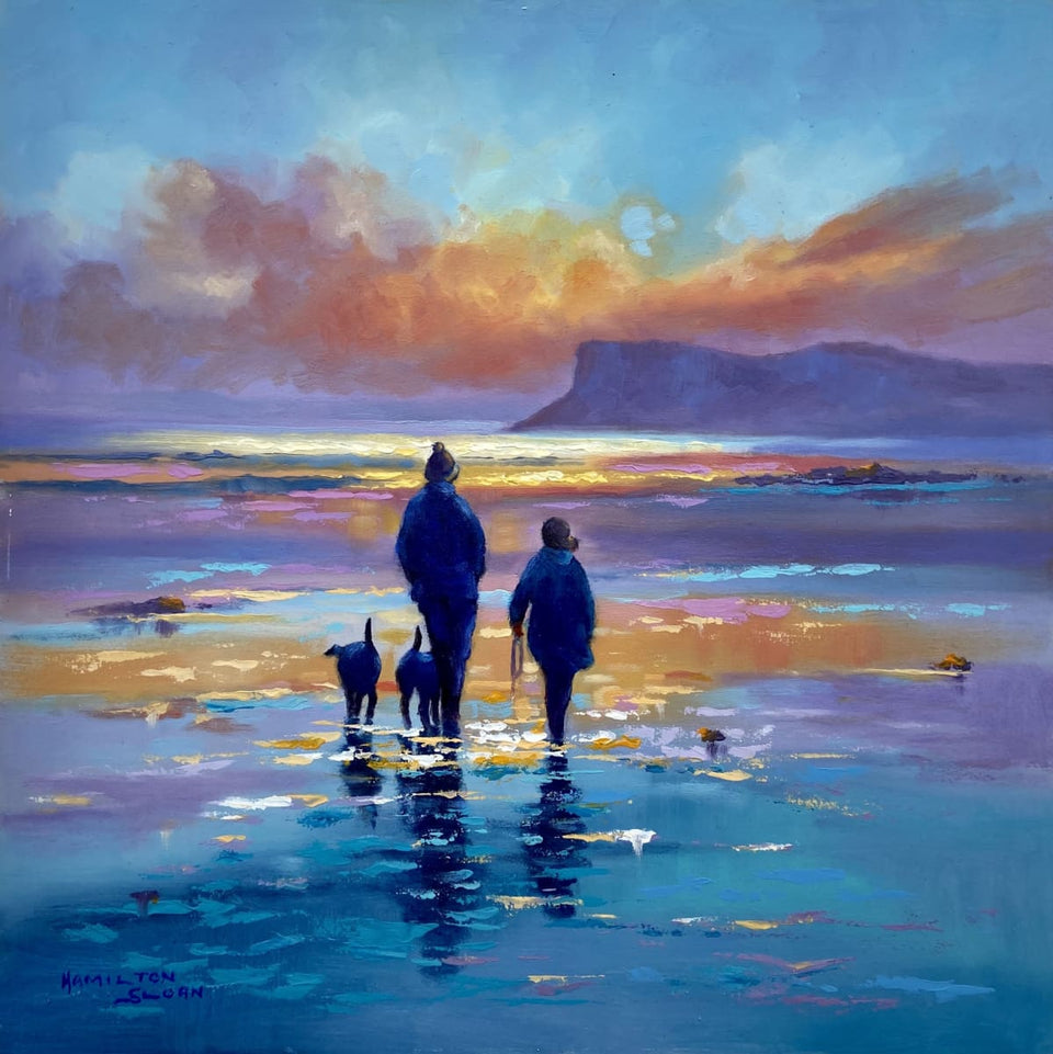 Walking The Dogs By Sunrise Fair Head Ballycastle Original Artwork