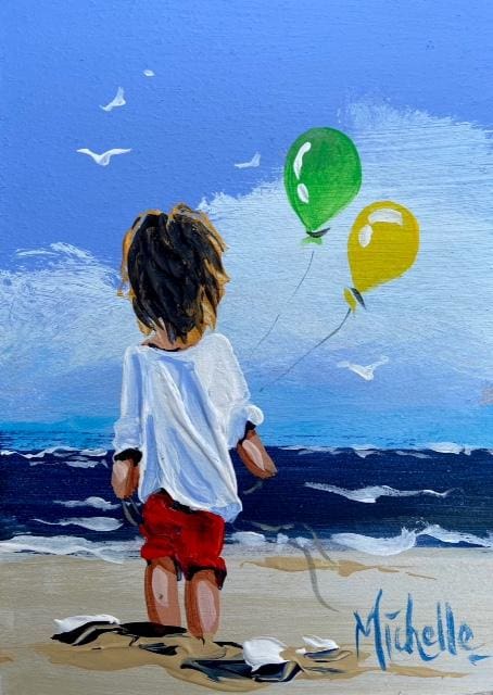 Young Boy With Balloons 7 X 5 / 17.5 12.5 Oil Original Artwork