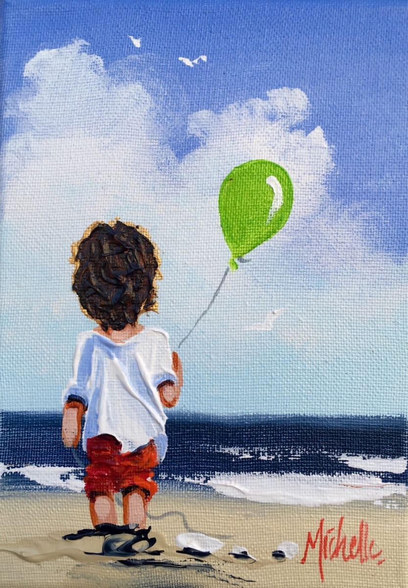 Young Boy With Green Balloon Original Artwork