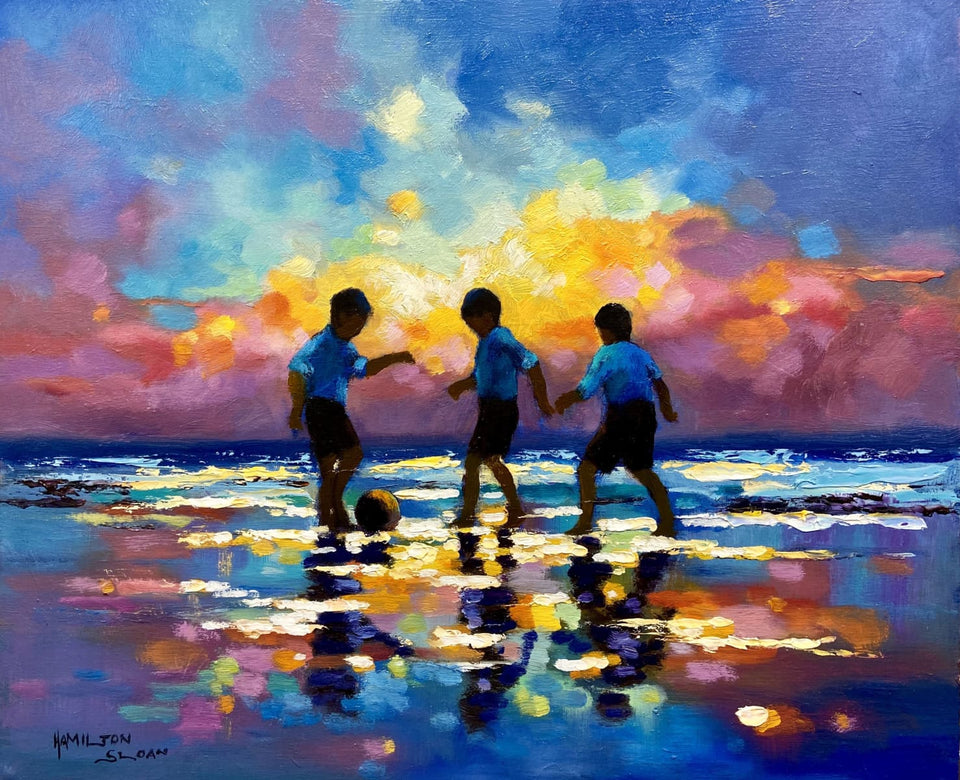 Young Footballers By Sunset Original Artwork